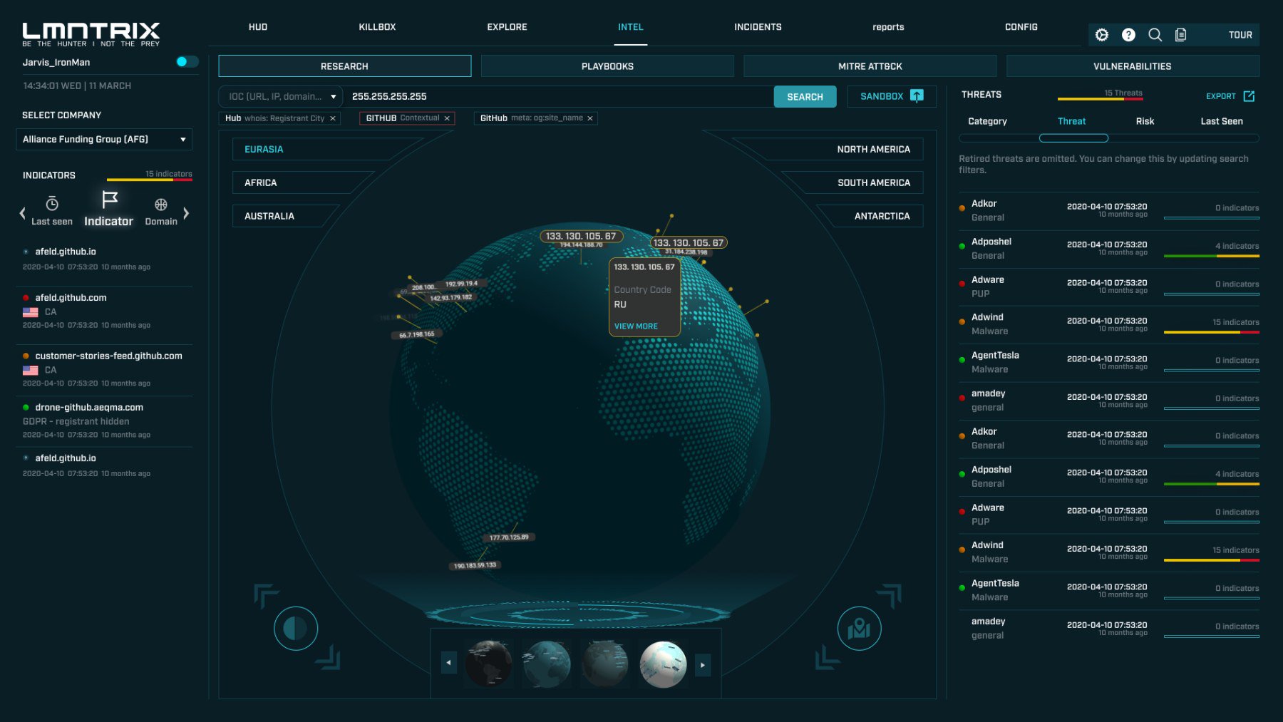 LMNTRIX threat intelligence globe view with indicator search