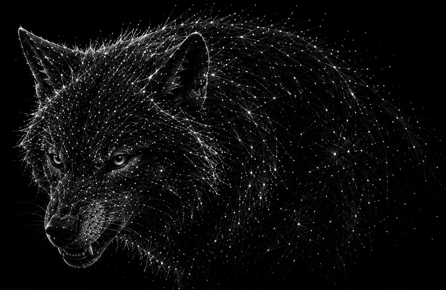 Wolf formed from constellation lines and points, representing active threat hunting